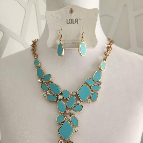 Necklace Teal Color & Rhinestone with extender - Picture 3 of 3
